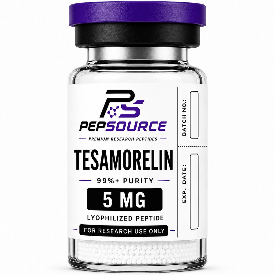 PepSource Tesamorelin 5mg vial of lyophilised research peptide powder