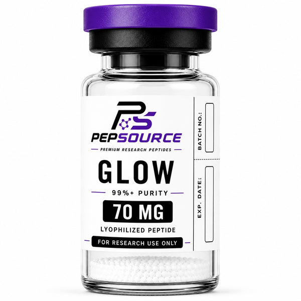 PepSource GLOW Blend 70mg vial, BPC-157, GHK-Cu and TB-500 research peptide blend