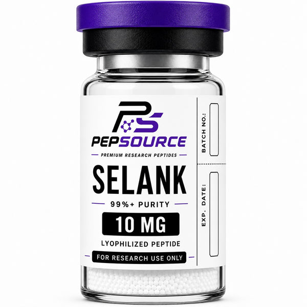 PepSource Selank 10mg vial of lyophilised research peptide powder