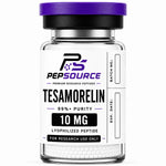 PepSource Tesamorelin 10mg vial of lyophilised research peptide powder
