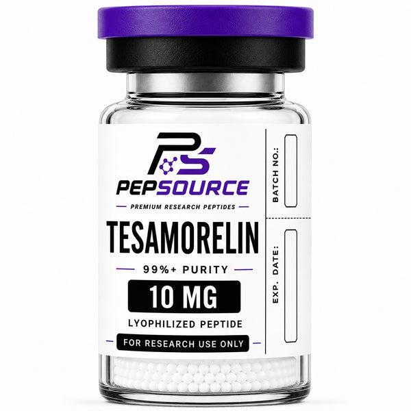 PepSource Tesamorelin 10mg vial of lyophilised research peptide powder