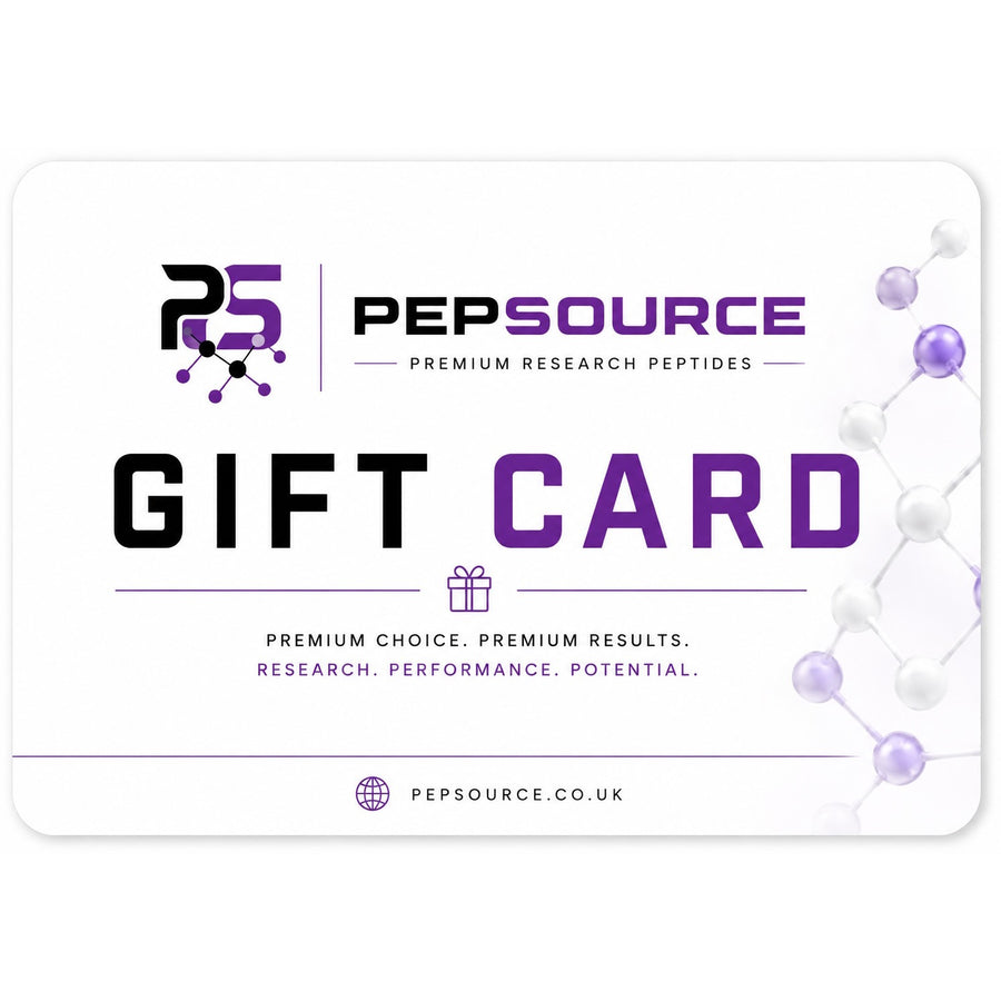 PepSource gift card with the PepSource logo and molecular graphic on a white background